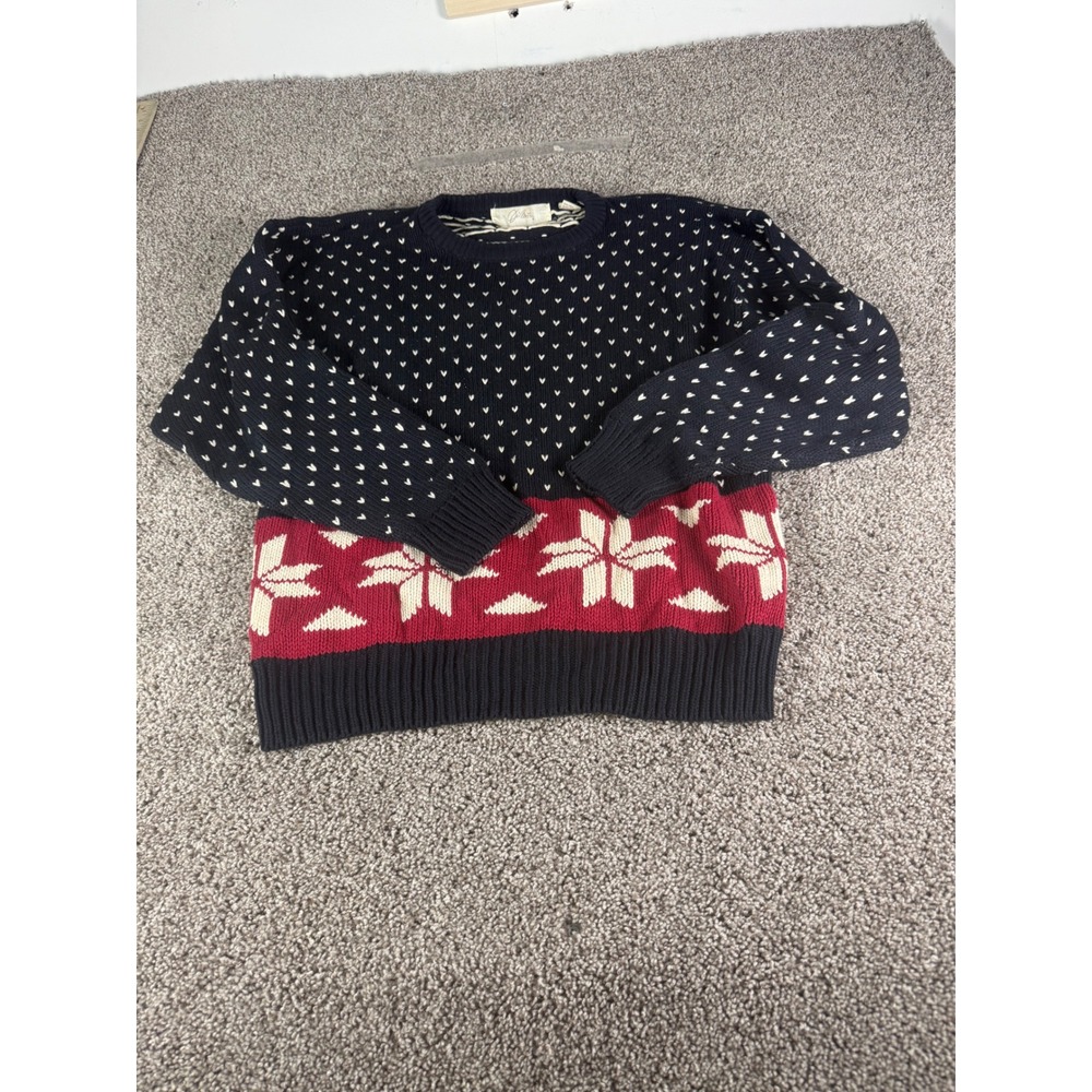 Dimitri Vintage Mens XL Cotton Knit Sweater Navy Red Nordic Snowflake Holiday